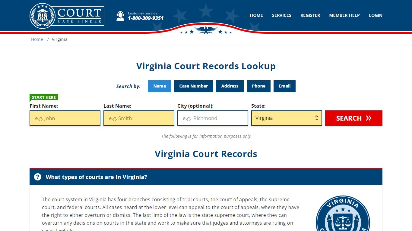Virginia Court Records Lookup - VA Court Case Search - CourtCaseFinder.com