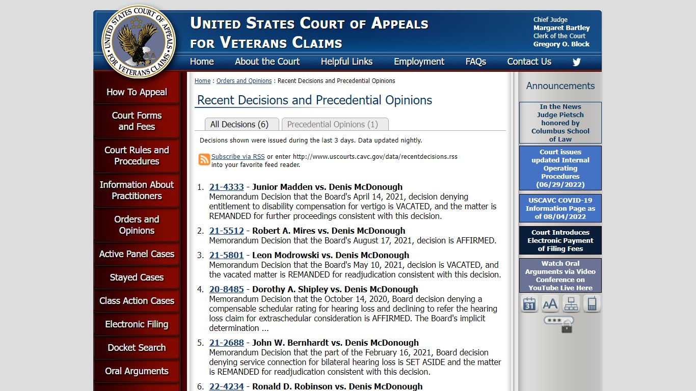 US Court of Appeals for Veterans Claims - Recent Decisions and ...